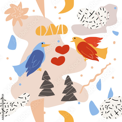 Wallpaper Mural Bright colorful graphic floral pattern with birds in love in a hand-drawn style. Seamless pattern with birds and figures. Torontodigital.ca