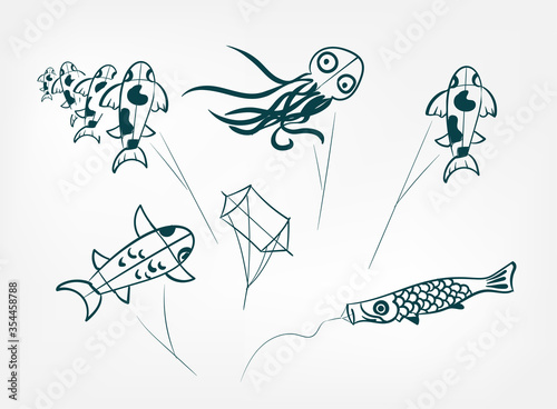 kite traditional geometric kimono card background vector sketch illustration line art japanese chinese oriental design