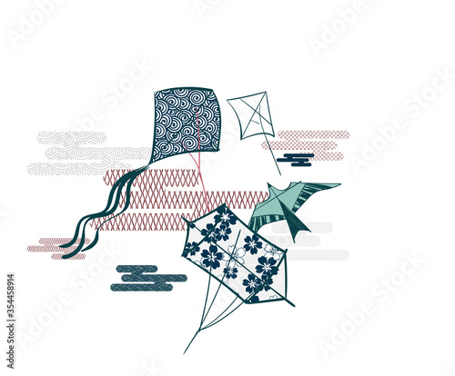kite traditional geometric kimono card background vector sketch illustration line art japanese chinese oriental design
