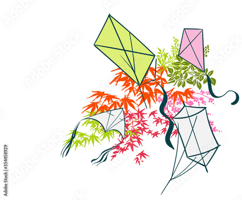 kite traditional geometric kimono card background vector sketch illustration line art japanese chinese oriental design