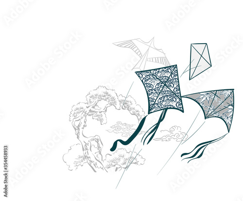 kite traditional geometric kimono card background vector sketch illustration line art japanese chinese oriental design