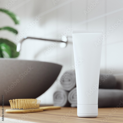 Cosmetic product display bathroom interior background. 3d illustration