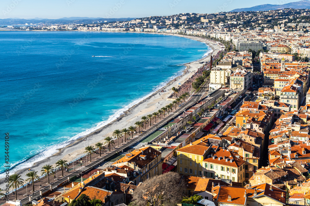 Panoramic view of Nice with the main seaside promenade, the Promenade des Anglais, the most famous tourist attraction of the city, France