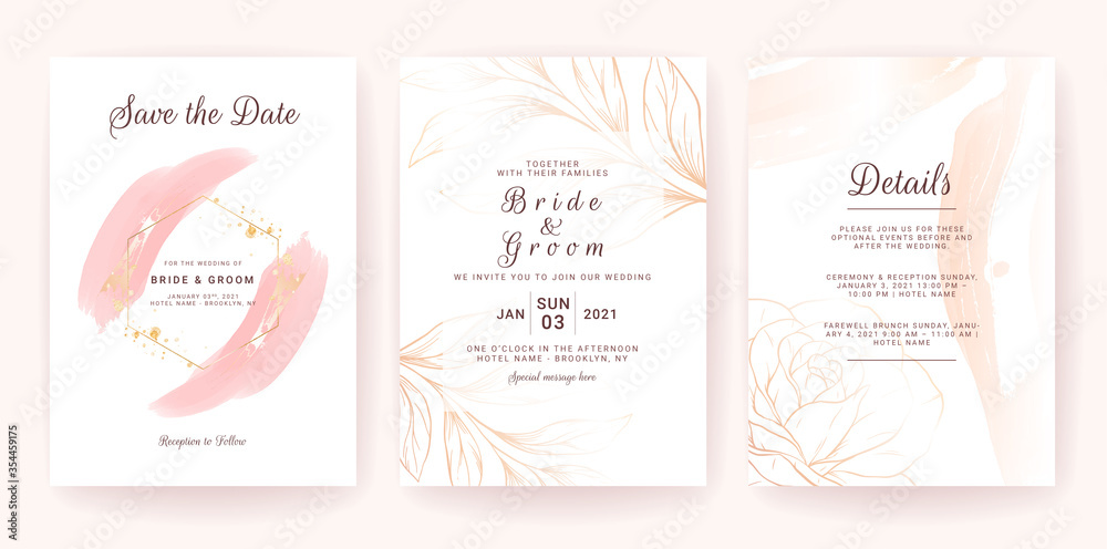 Elegant abstract background. Wedding invitation card template set with gold watercolor splash and floral line. Brush stroke for save the date, greeting, poster, and cover design