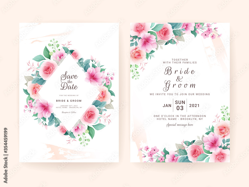 Wedding invitation template set with colorful floral frame. Roses and sakura flowers composition vector for save the date, greeting, thank you, rsvp, etc