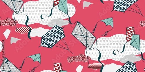kite pink traditional geometric kimono seamless pattern vector sketch illustration line art japanese chinese oriental design