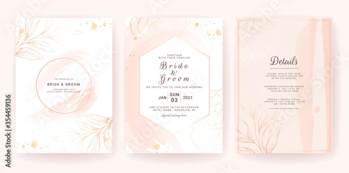 Elegant abstract background. Wedding invitation card template set with geometric frame, gold watercolor splash, and floral line. Brush stroke for save the date, greeting, poster, and cover design