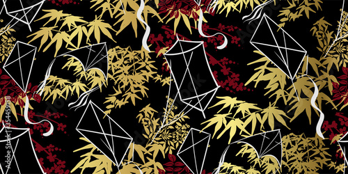 kite black gold traditional geometric kimono seamless pattern vector sketch illustration line art japanese chinese oriental design
