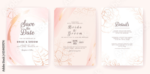 Elegant abstract background. Wedding invitation card template set with gold watercolor splash and floral line. Brush stroke for save the date, greeting, poster, and cover design