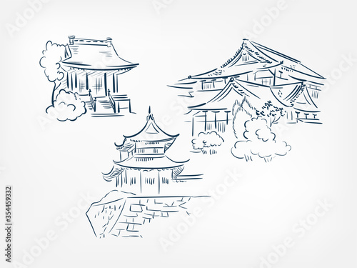 house exterior vector ink illustration sketch japanese chinese style line art design view traditional