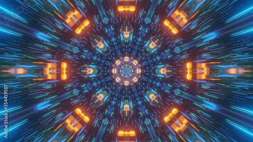 3D rendering of an abstract illustration of geometric shapes with colorful neon lights