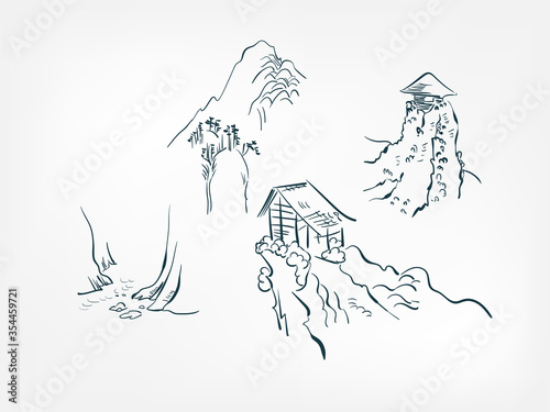 mountains houses design elements vector illustration japanese chinese ink line sketch style