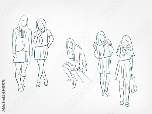 school girl vector illustration japanese chinese ink line sketch style