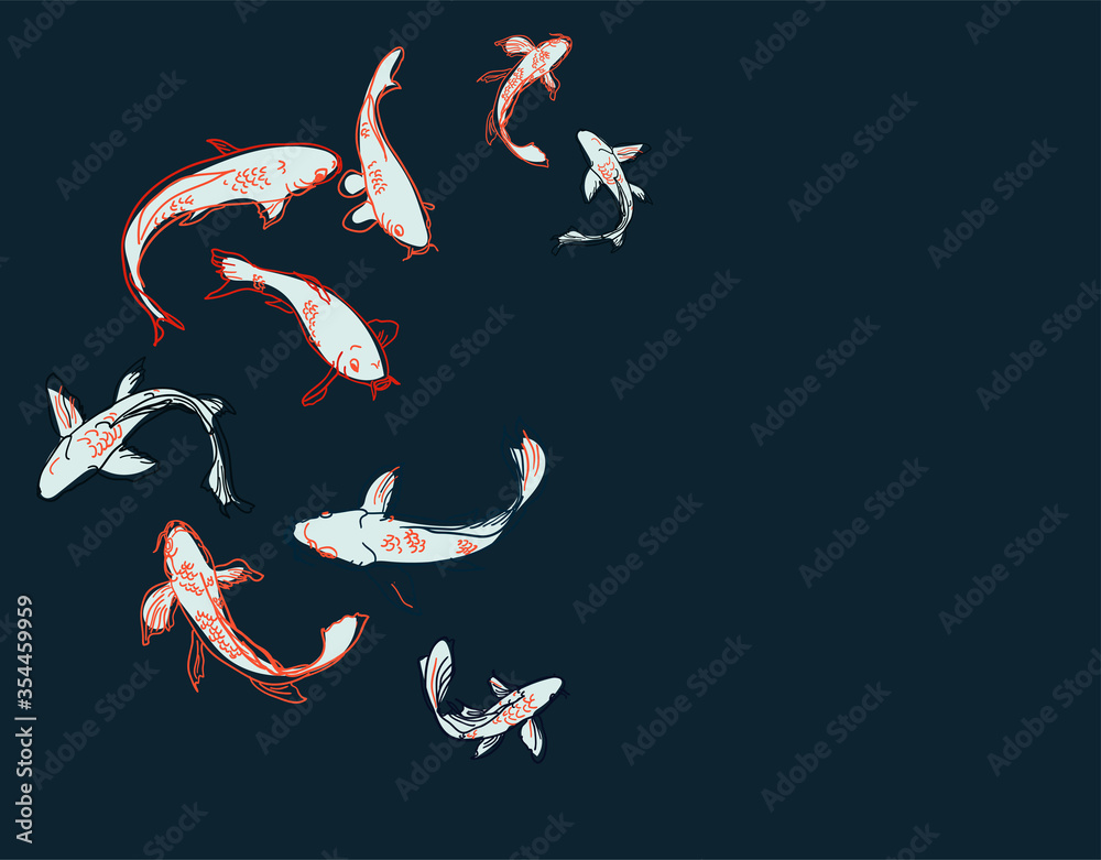 Koi Fish Traditional Card Background Vector Illustration Line Art Japanese  Chinese Oriental Design Stock Vector | Adobe Stock