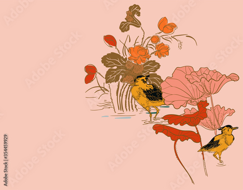 duck pond lily lotus river nature traditional card background vector illustration line art japanese chinese oriental design