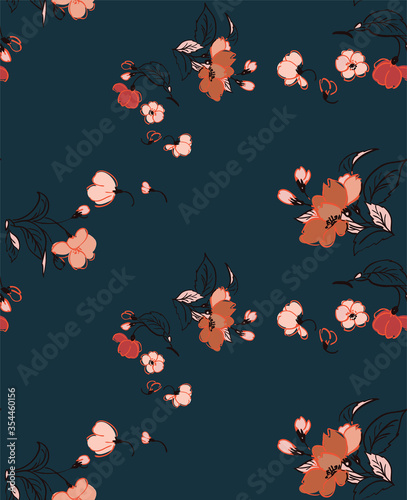 sakura flower vector japanese chinese nature ink illustration sketch traditional seamless pattern colorful