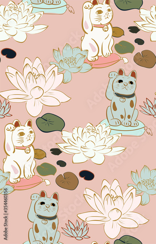 neko cat vector japanese chinese nature ink illustration sketch traditional seamless pattern colorful