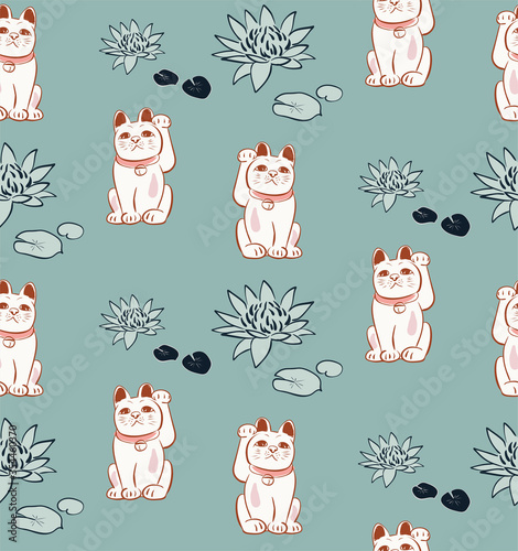 neko cat vector japanese chinese nature ink illustration sketch traditional seamless pattern colorful