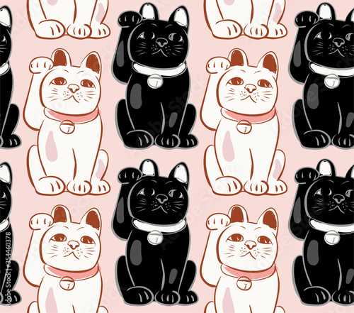 neko cat vector japanese chinese nature ink illustration sketch traditional seamless pattern colorful
