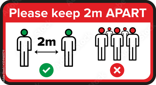 Coronavirus social distancing please keep 2m metre distance apart sign or sticker decal for use during covid-19 n-cov pandemic quarantine epidemic. Warning sign with people symbols. Vector design