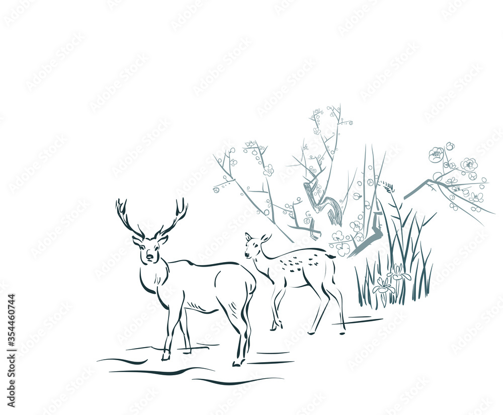 Fototapeta premium deer sakura card nature landscape view landscape card vector sketch illustration japanese chinese oriental line art