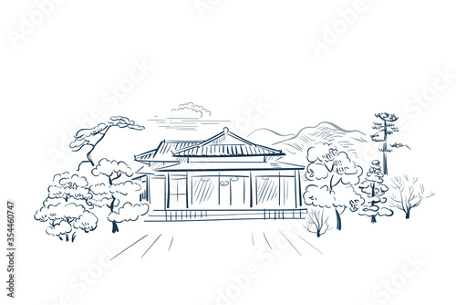 garden house card nature landscape view landscape card sketch illustration japanese chinevector se oriental line art