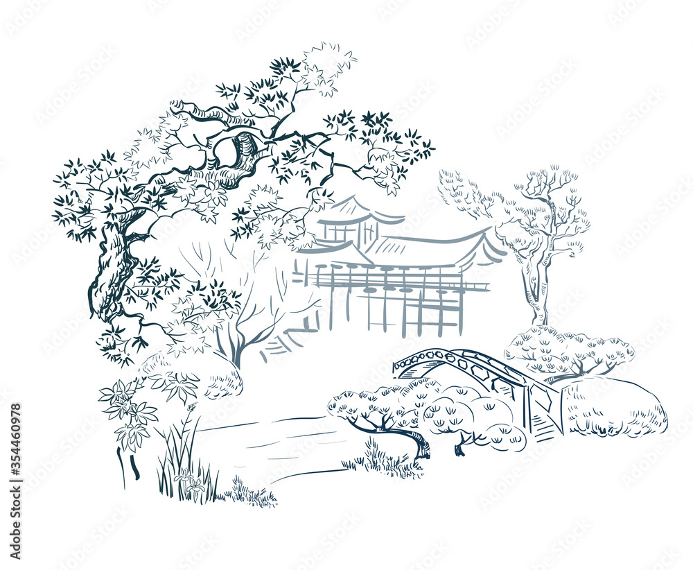 house gardem card nature landscape view landscape card vector sketch illustration japanese chinese oriental line art