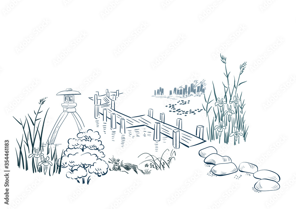 Obraz premium stone garden card nature landscape view landscape card vector sketch illustration japanese chinese oriental line art