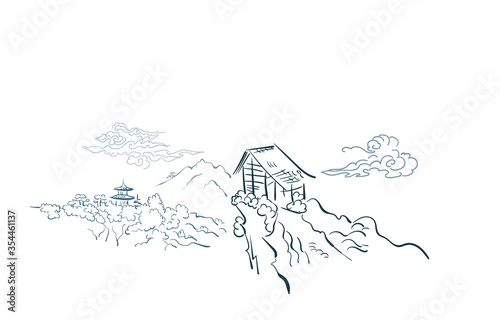 mountain cliff card nature landscape view landscape card vector sketch illustration japanese chinese oriental line art