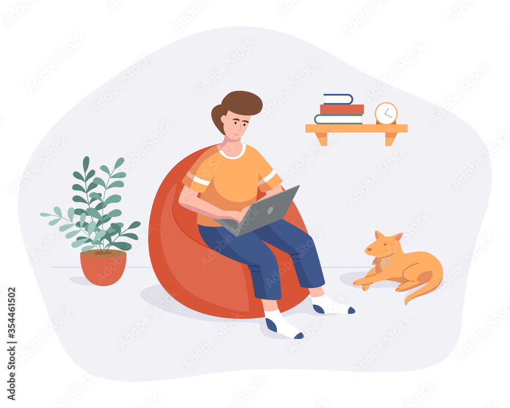 Fototapeta premium Freelance man work from home comfortable space on chair with computer flat style vector illustration isolated on white. Freelancer character self employed concept working online.