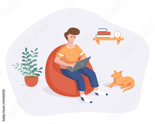 Freelance man work from home comfortable space on chair with computer flat style vector illustration isolated on white. Freelancer character self employed concept working online.