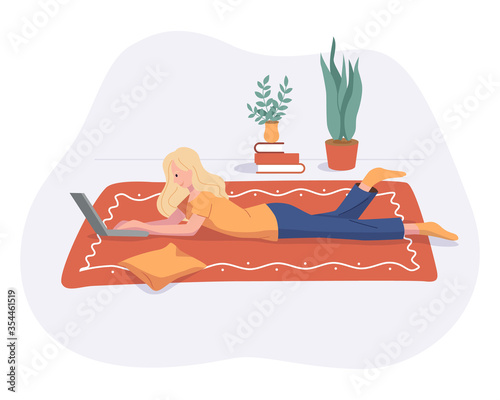 Freelance woman work from home comfortable space on carpet with computer flat style vector illustration isolated on white. Freelancer girl self employed concept working online.