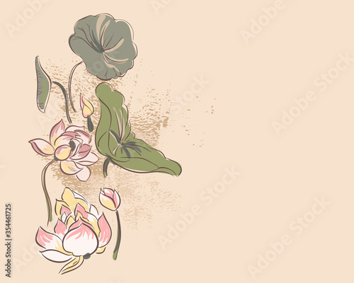 water lily card nature landscape view landscape card vector sketch illustration japanese chinese oriental line art