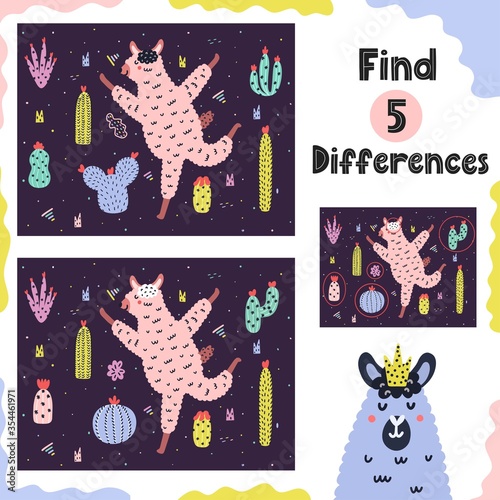 Find 5 differences game for kids with funny alpaca