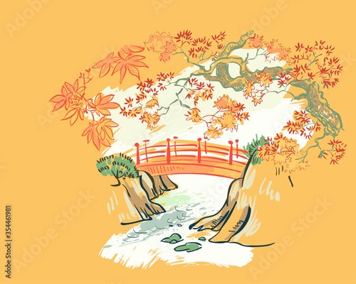bridge maple autumn card nature landscape view landscape card vector sketch illustration japanese chinese oriental line art