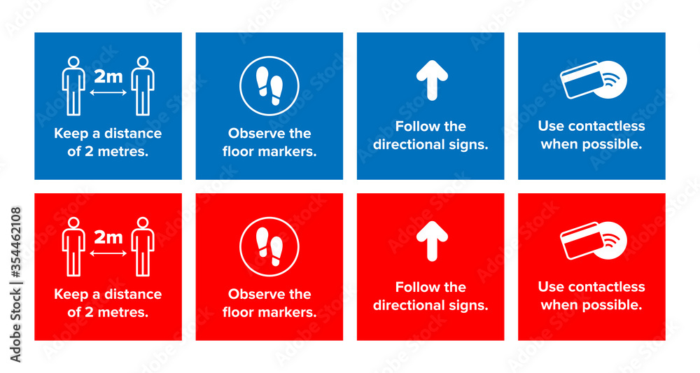Coronavirus social distancing illustration infographic icons set in red and blue. For use during covid-19 epidemic pandemic quarantine. Keep 2 metre distance. Can be used for sign, sticker, decal etc