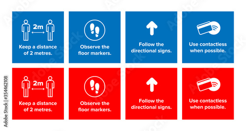 Coronavirus social distancing illustration infographic icons set in red and blue. For use during covid-19 epidemic pandemic quarantine. Keep 2 metre distance. Can be used for sign, sticker, decal etc