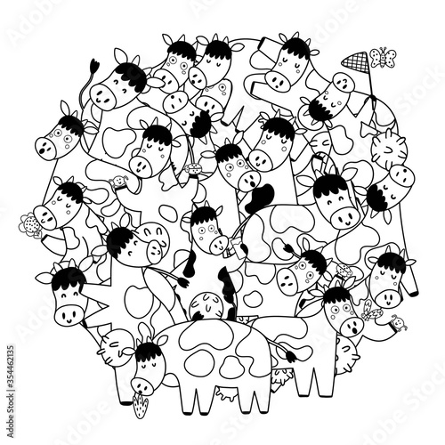 Circle shape pattern with cute cows for coloring book