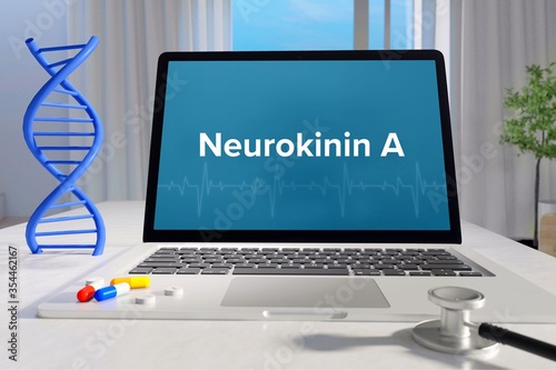 Neurokinin A. Medicine/healthcare. Computer in the office of a surgery. Text on screen. Laptop of a doctor. Science/health photo