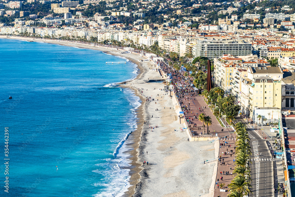 Scenic panoramic view of the famous Promenade des Anglais, the most famous tourist attraction of Nice, France.