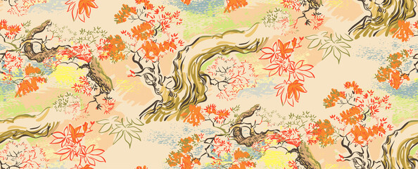 Fototapete Beigefarbene Muster Japanisches Ahornblatt Tuschezeichnung Muster  © CharlieNati
