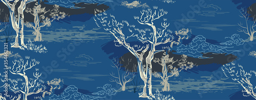 tree forest japanese chinese design sketch ink paint style seamless pattern