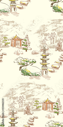 stone garden japanese chinese design sketch ink paint style seamless pattern