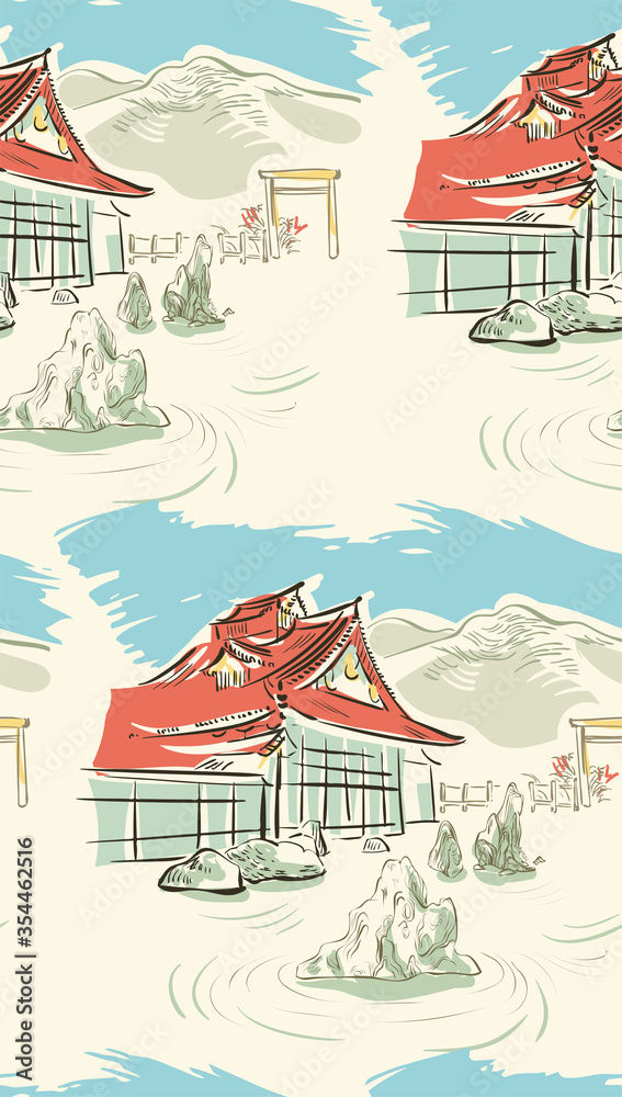 Naklejka premium stone garden japanese chinese design sketch ink paint style seamless pattern