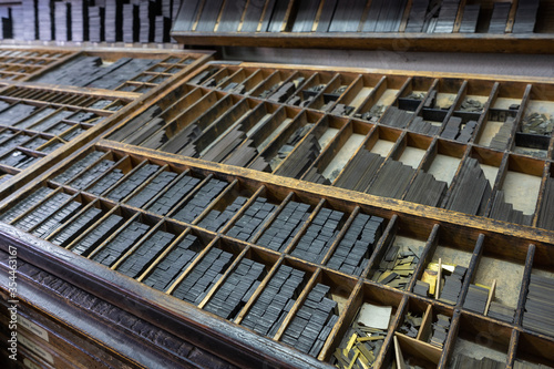Old printing press, with all types of typography and accessories necessary for printing, industry concept, vintage