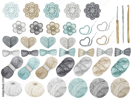 Crochet Shop concept of hooks, Ball of yarn, crocheted heart, bow, hook, flowers. Watercolor Hand drawn hobby Knitting and Crocheting on white background. Elements set scandinavian style clipart