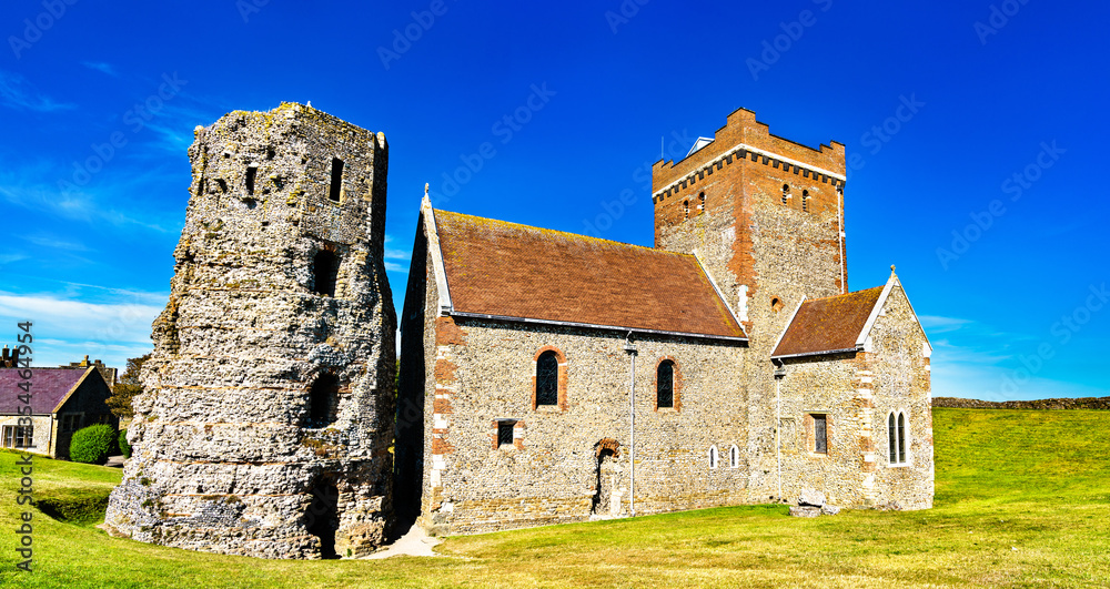 St Mary in Castro Church and a Roman lighthouse at Dover Castle in Kent, England
