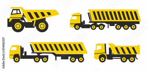 Set of special machinery dump trucks. Various vector icons