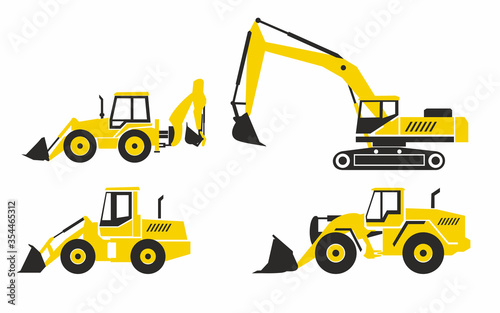 Set of various special equipment. Loaders, excavators. Simplified Icons