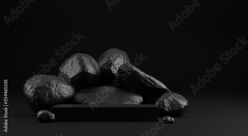 square stand cosmetic on rock backdrop in black background 3d rendering